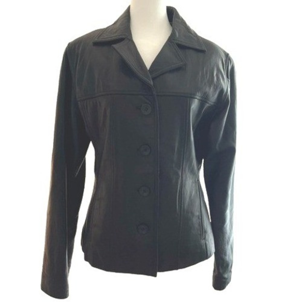 d'LINEA Vintage Leather Blazer Black Size Large Jacket Y2K Button Pockets Moto